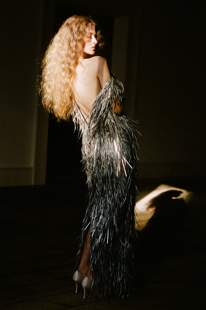 Dorothy Dress in Silver Lamé with Feathers and Paillettes
