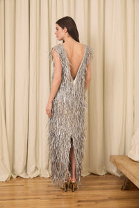 Dorothy Dress in Silver Lamé with Feathers and Paillettes