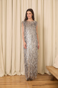 Dorothy Dress in Silver Lamé with Feathers and Paillettes