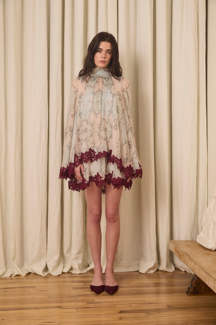 Wylie Scarf Dress in Printed Crinkled Chiffon with Mohair Lace Trim