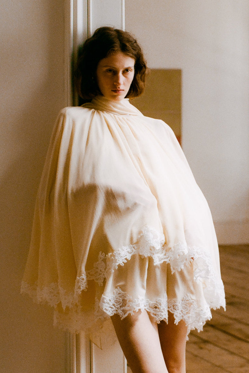 Wylie Scarf Dress in Washed Chiffon with Mohair Lace Trim